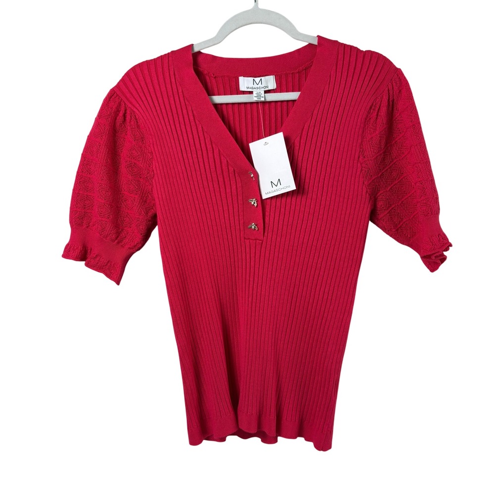 Magaschoni Ribbed Knit Top Womens L Spanish Rose Red Bee Button Short Sleeve NWT